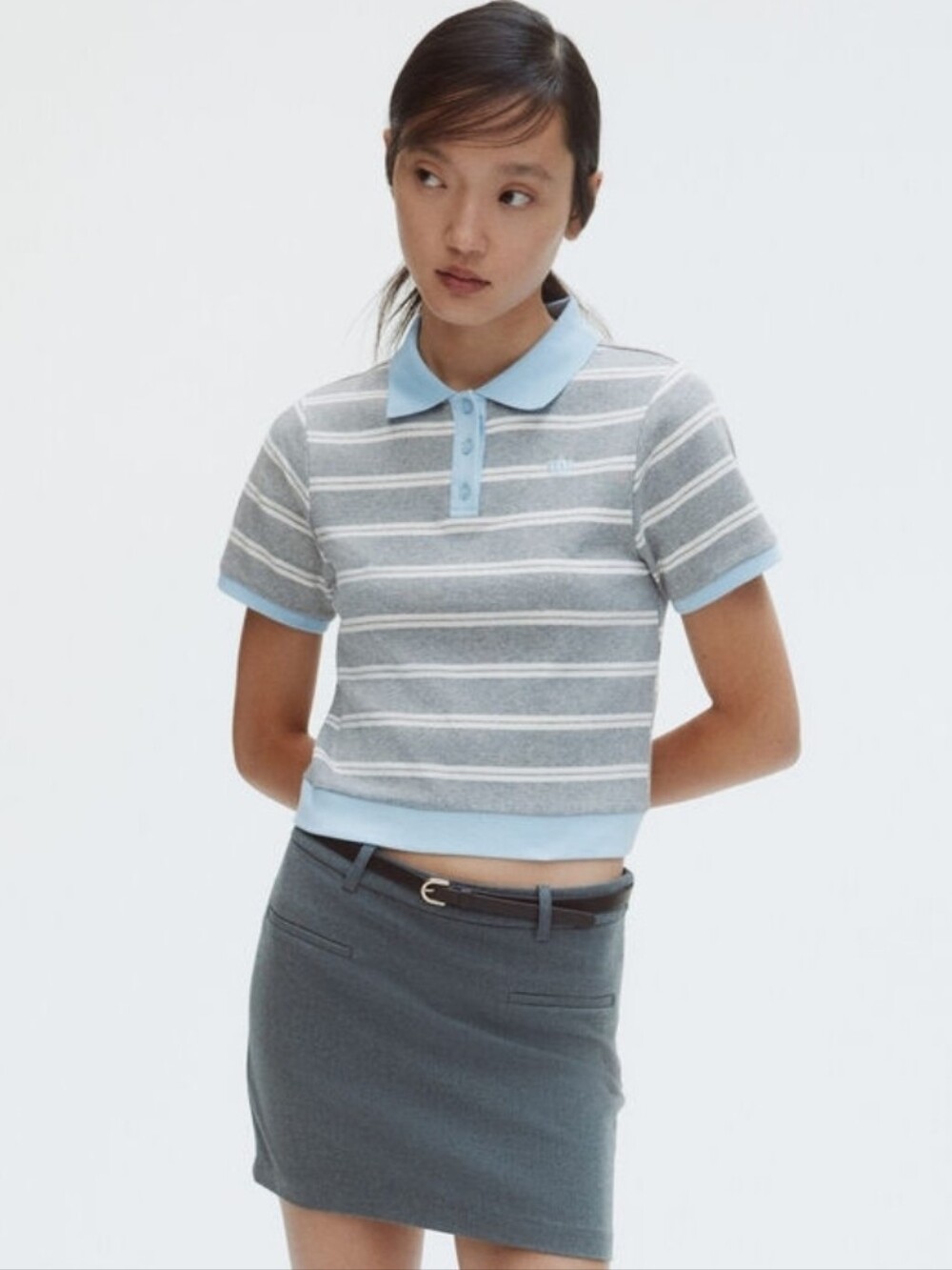 H&M Grey & Light Blue Striped Cotton Polo Size L